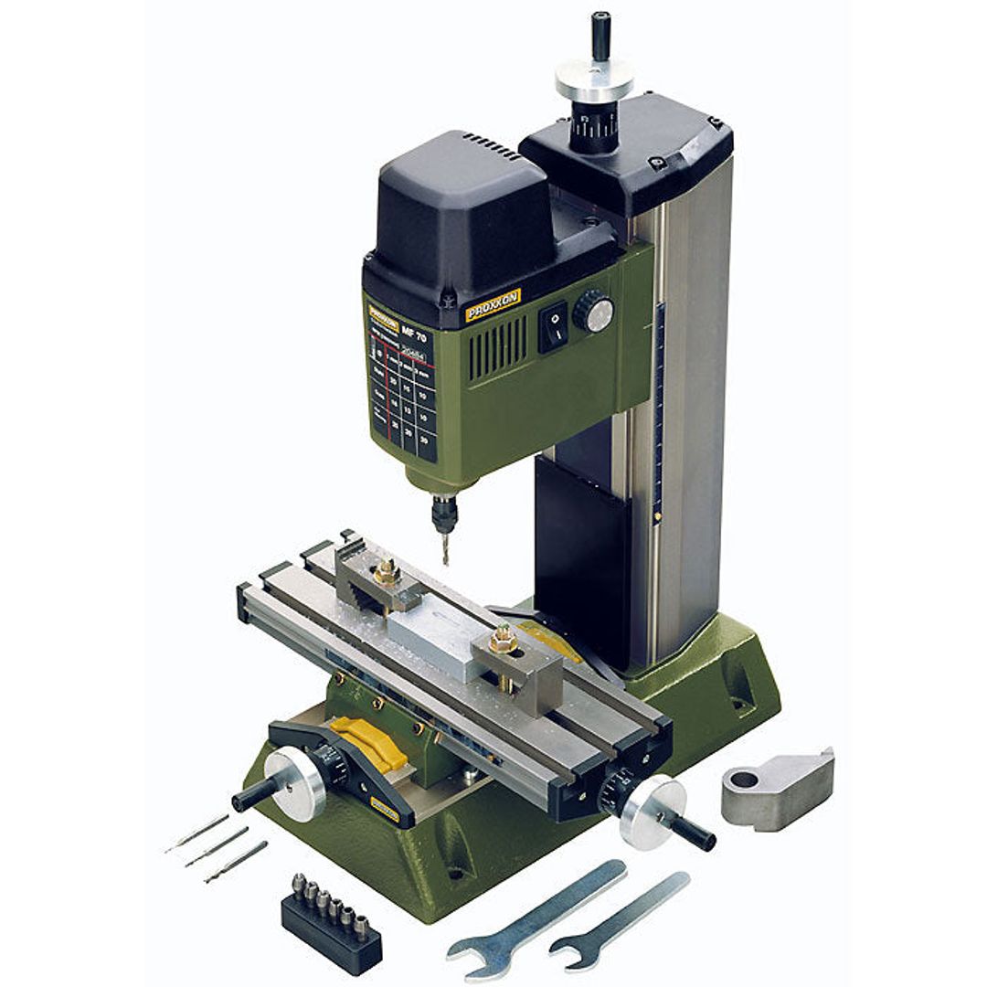 Proxxon MF 70 MICRO mill, SKU 37110, a compact benchtop milling machine for precision hobby work.