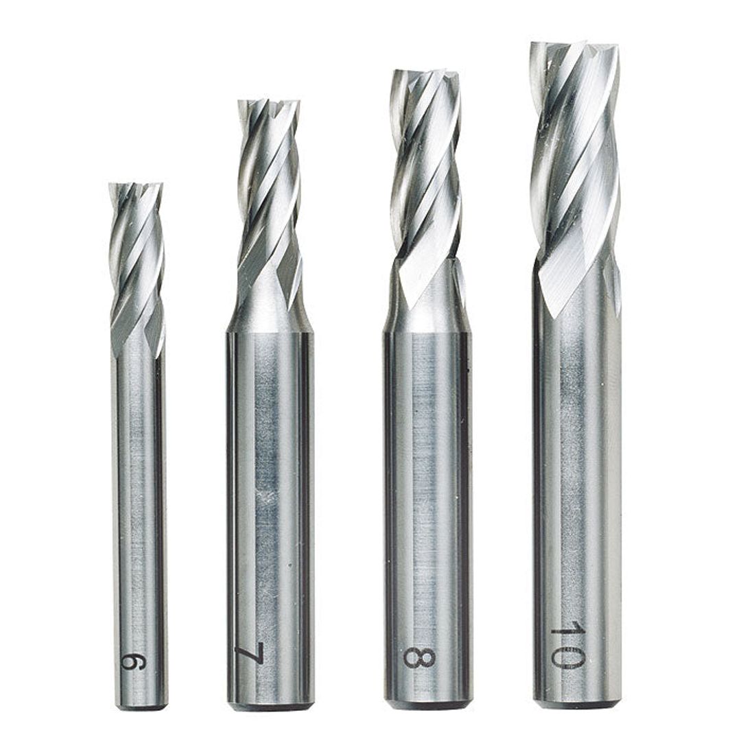 Proxxon 4-piece milling cutter set, 6, 7, 8, and 10mm diameters, SKU 24620, for micro milling machines.
