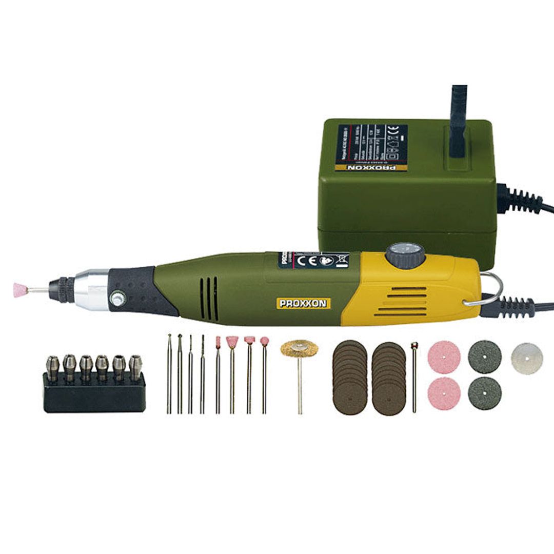 Proxxon model building and engraving set, SKU 38515, assorted hand tools for hobby modeling and engraving.