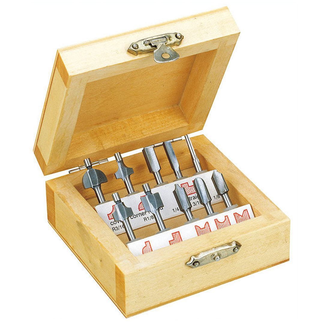 Proxxon 29020 router bit set, 10 pieces, stored in a wooden storage box