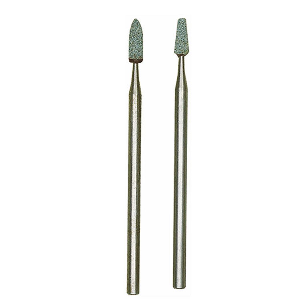 Proxxon silicon carbide mounted points, 2 pieces, flame and taper shapes, SKU 28270, for rotary tool grinding.