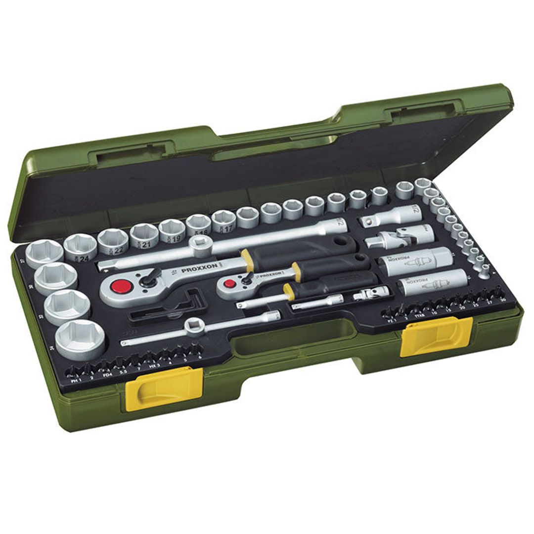 Proxxon 23286 socket set, 65-piece kit combining 1/4 inch and 1/2 inch drive sizes