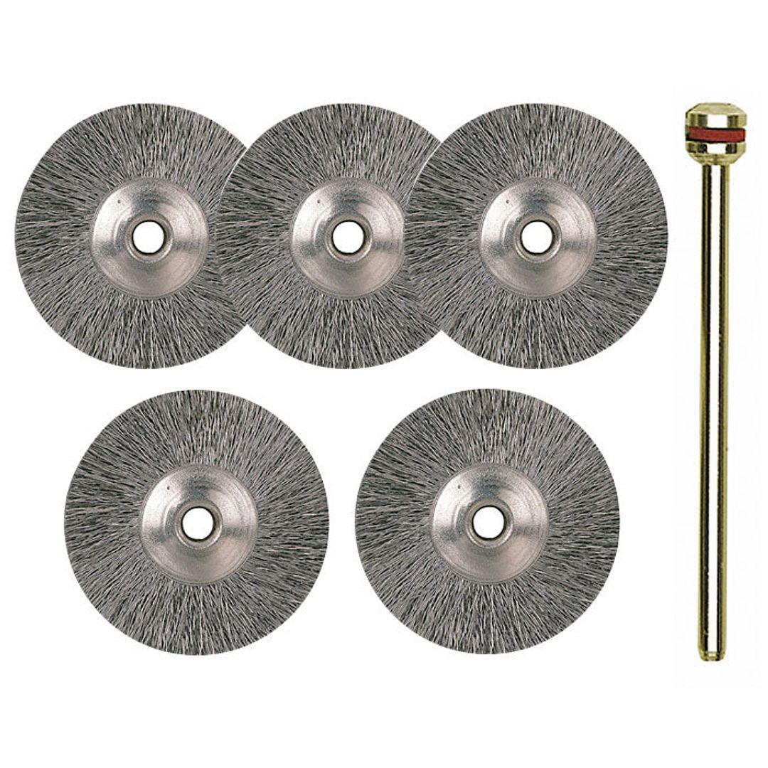 Proxxon stainless steel wheel brushes, 5 pieces, SKU 28956, for rust-free rotary tool cleaning.