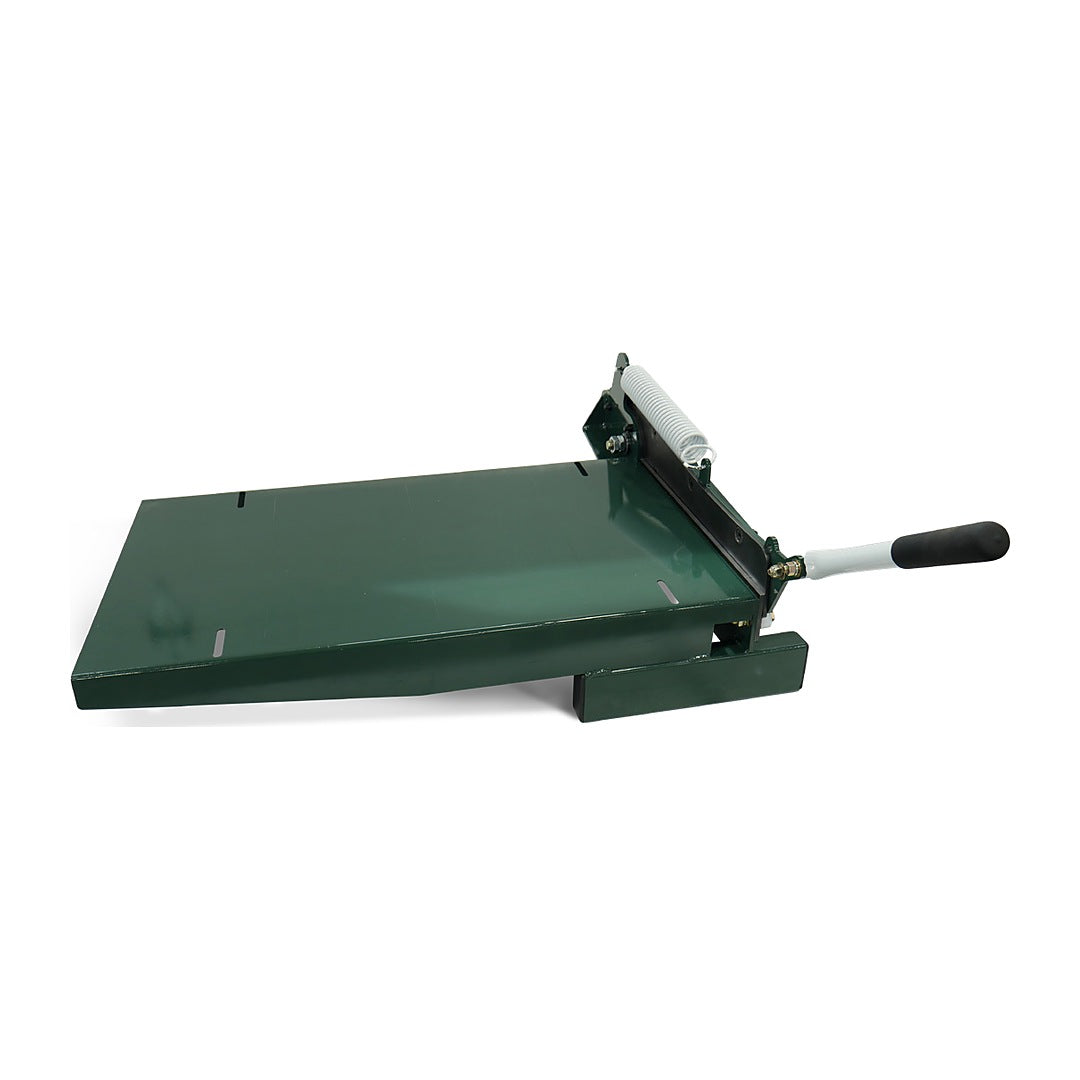 Dyna-Cut QuickCut manual shear for flatstock, shingles and siding, angled view showing table and handle