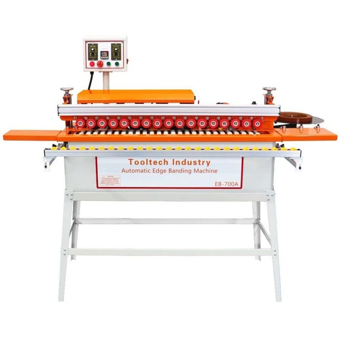 Tooltech EB-700A automatic edge bander with dust collector and stand for high-volume banding.