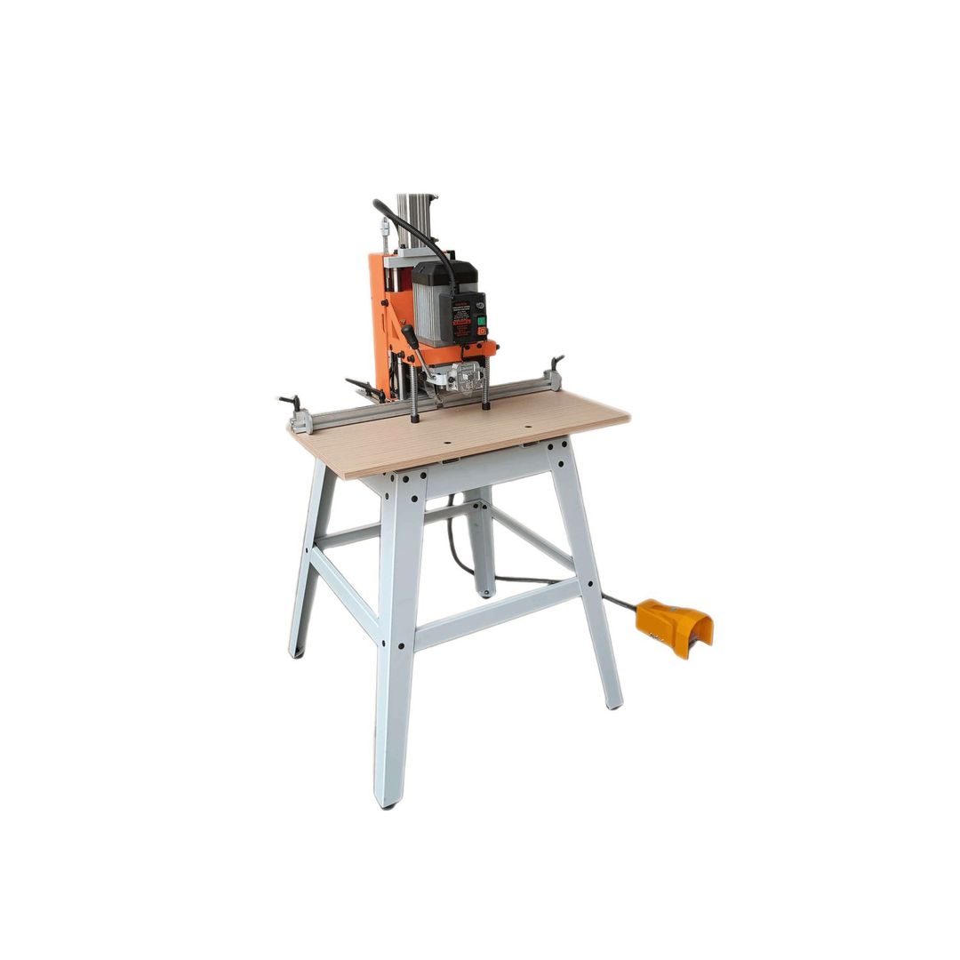 Tooltech PMH3 pneumatic hinge boring machine for cabinet doors, mounted on a floor stand.