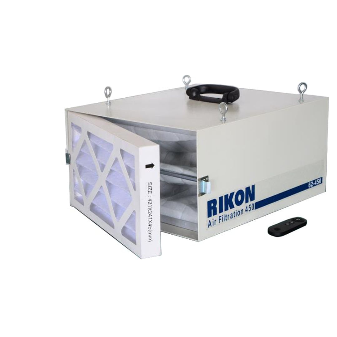RIKON 62-450 air filtration system with remote, 250/350/450 CFM airflow settings.