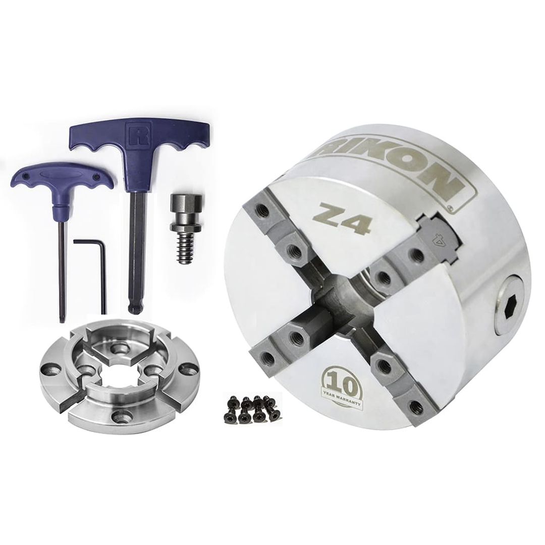 RIKON 71-104 Z4 direct-thread chuck, 50mm jaws, 1-1/4" x 8 TPI, with woodscrew and key.