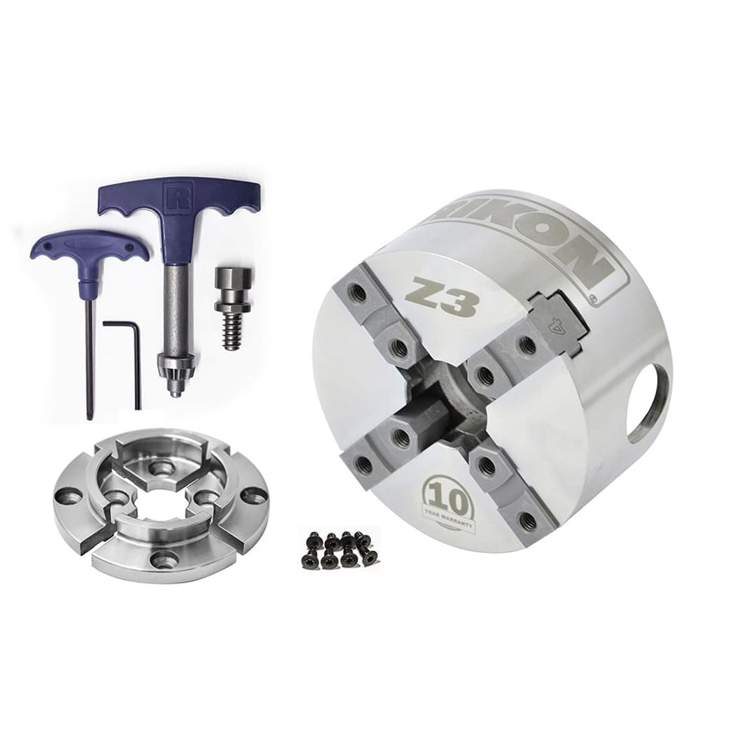 RIKON 71-105 Z3 insert-type lathe chuck, 50mm jaws, with woodscrew and chuck key.