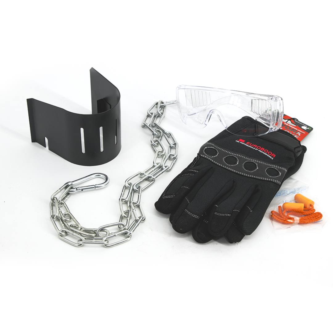 Accessories included with Euroboor ECO.40S+/IC Magnetic Drilling Machine including safety chain, tool kit, and protective components.