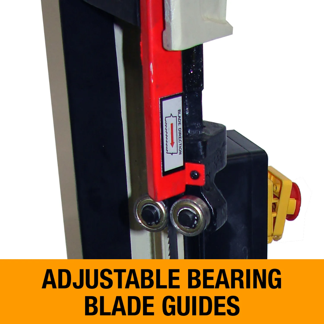 Adjustable bearing blade guides on the Baileigh Portable Metal Cutting Band Saw - BS-128M 1001095 for accurate blade tracking and improved cutting performance.