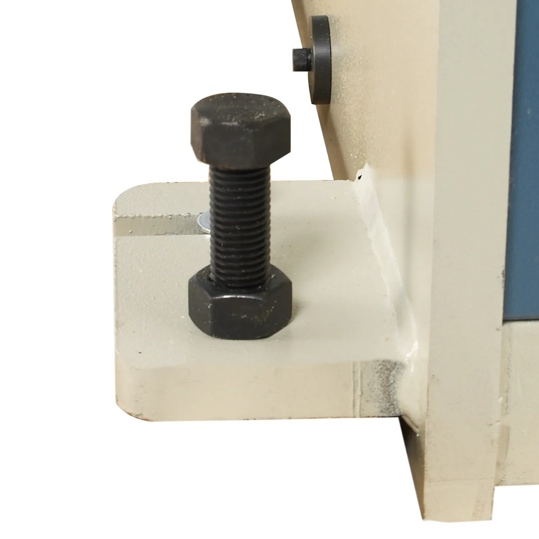 Adjustable hold-down mechanism on Baileigh 52-Inch Heavy-Duty Hydraulic Sheet Metal Shear SH-5210-HD 1007122 providing secure workpiece positioning during cutting operations.