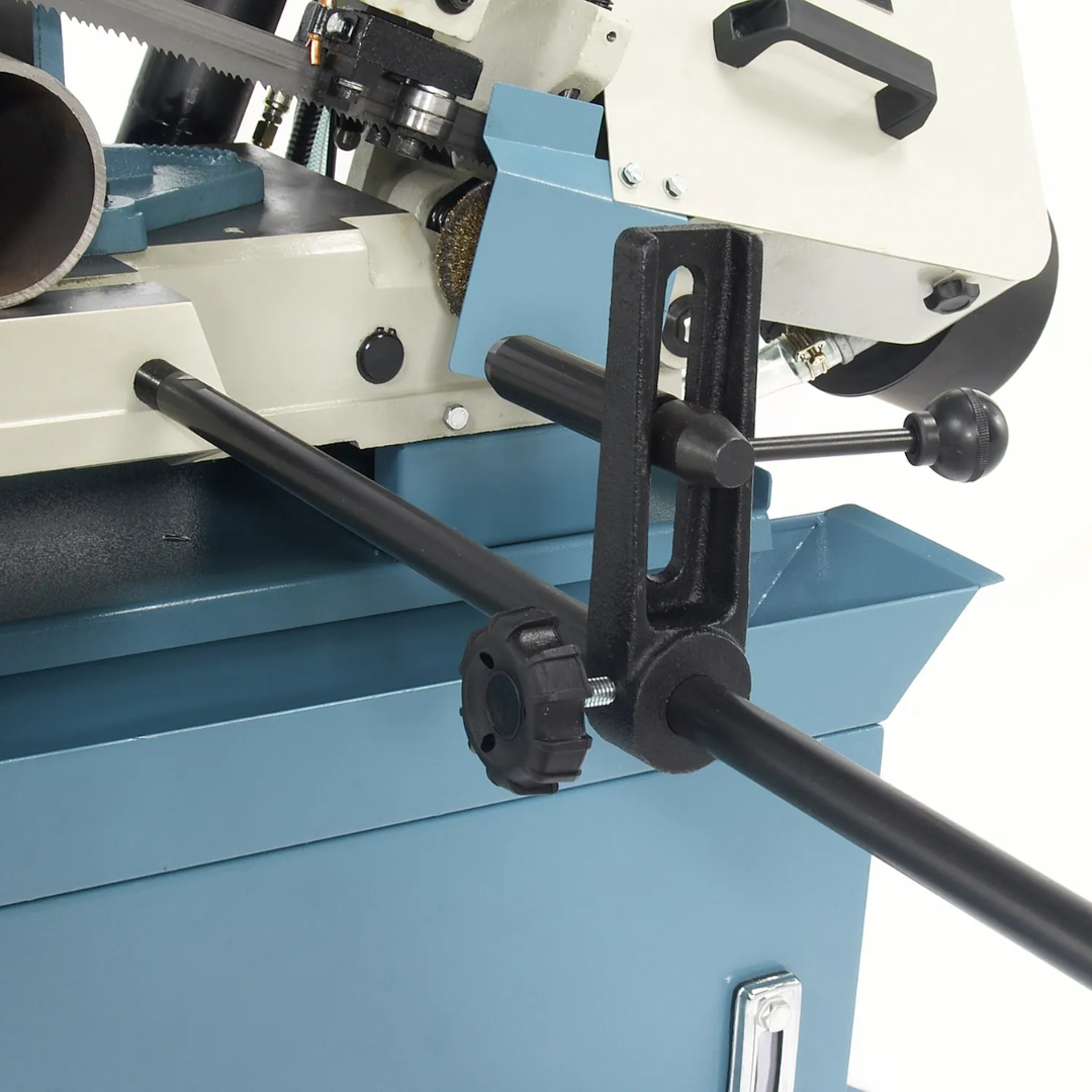Adjustable material stop on the Baileigh 10-Inch Horizontal Bandsaw, 2 HP, 240V 1Ph (BS-300M) 1001492 for repeatable and consistent cut lengths.