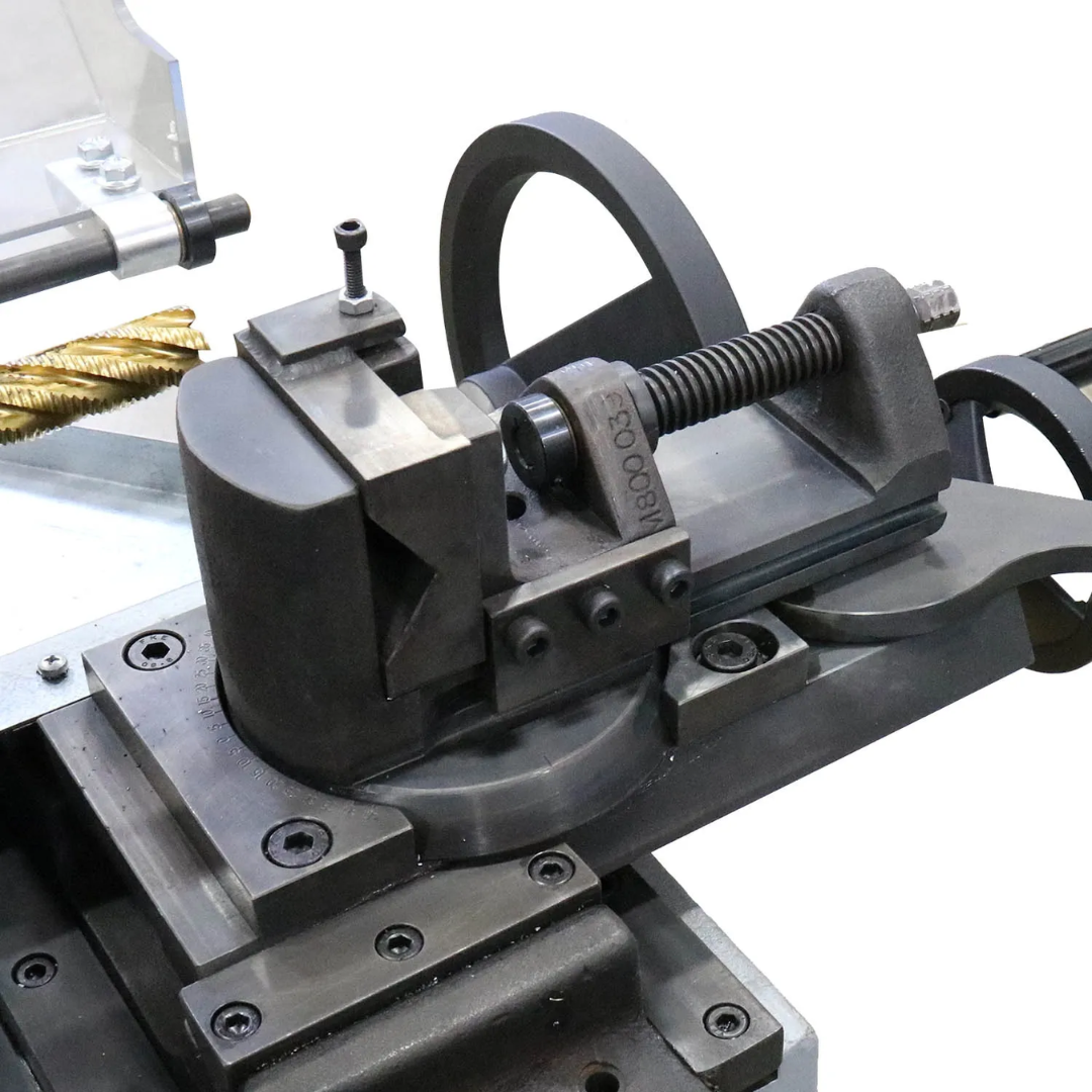 Adjustable tube holding fixture on Baileigh Tube & Pipe Notcher TN-800 1008064 allowing precise positioning of round tube and pipe materials.