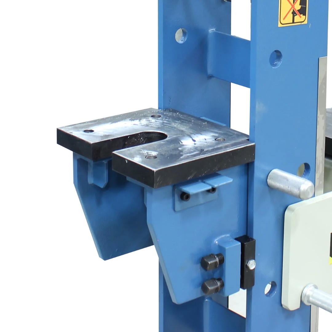 Adjustable work table on the Baileigh 30/10-Ton Two-Station H-Frame Hydraulic Press (HSP-30M-C) 1019289 designed for versatile pressing applications.