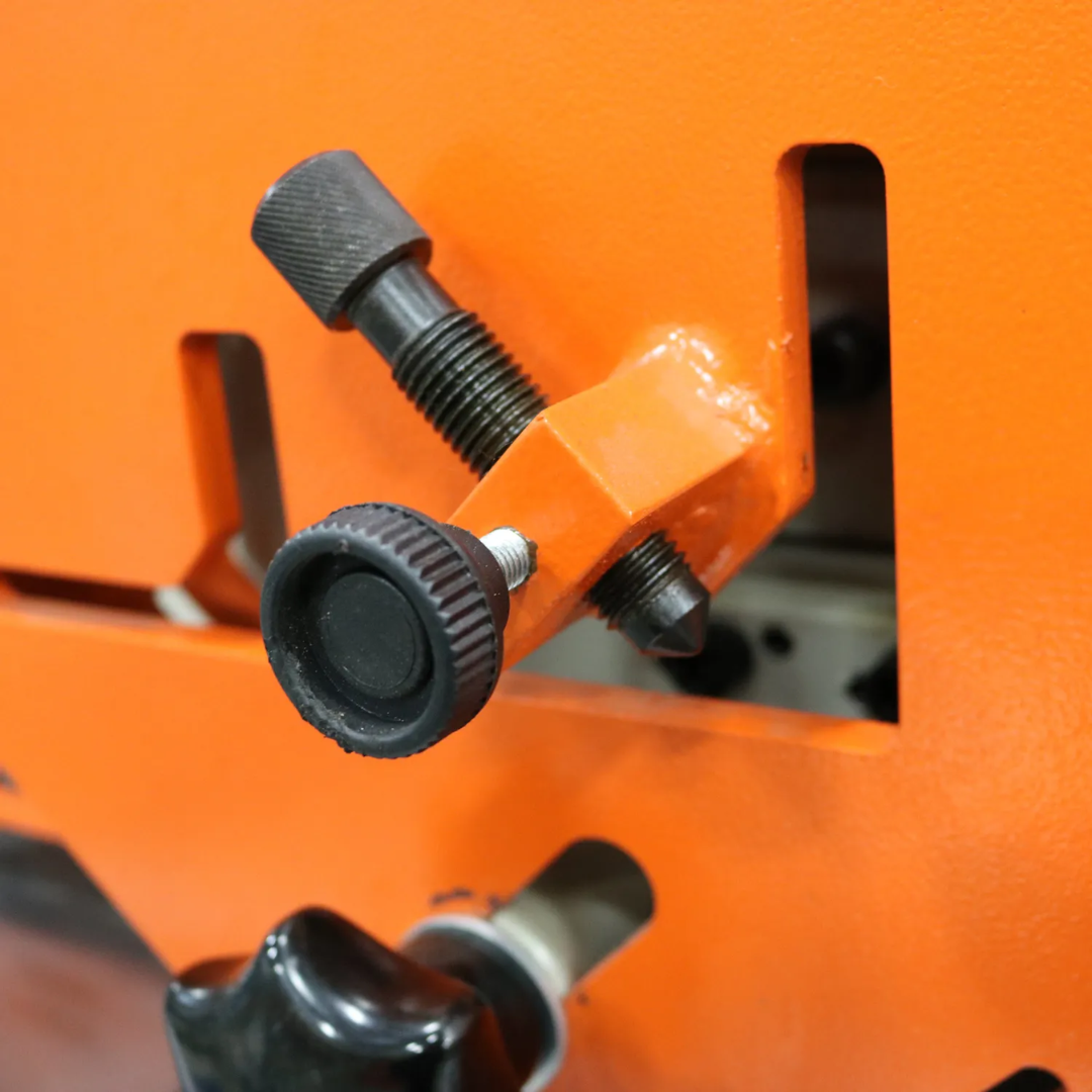Adjustment controls on the Baileigh 44-Ton 4-Station Hydraulic Ironworker, 220V 1Ph (SW-441) 1007756 allowing quick setup for multiple metalworking operations.