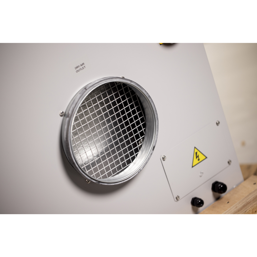 Air outlet and duct connection port on Ebac DD900 Desiccant Dehumidifier designed for industrial moisture removal and ducted airflow systems