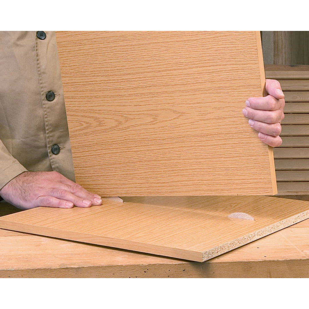 Aligning two wooden boards using Virutex Beechwood Biscuits for precise joint positioning and stability