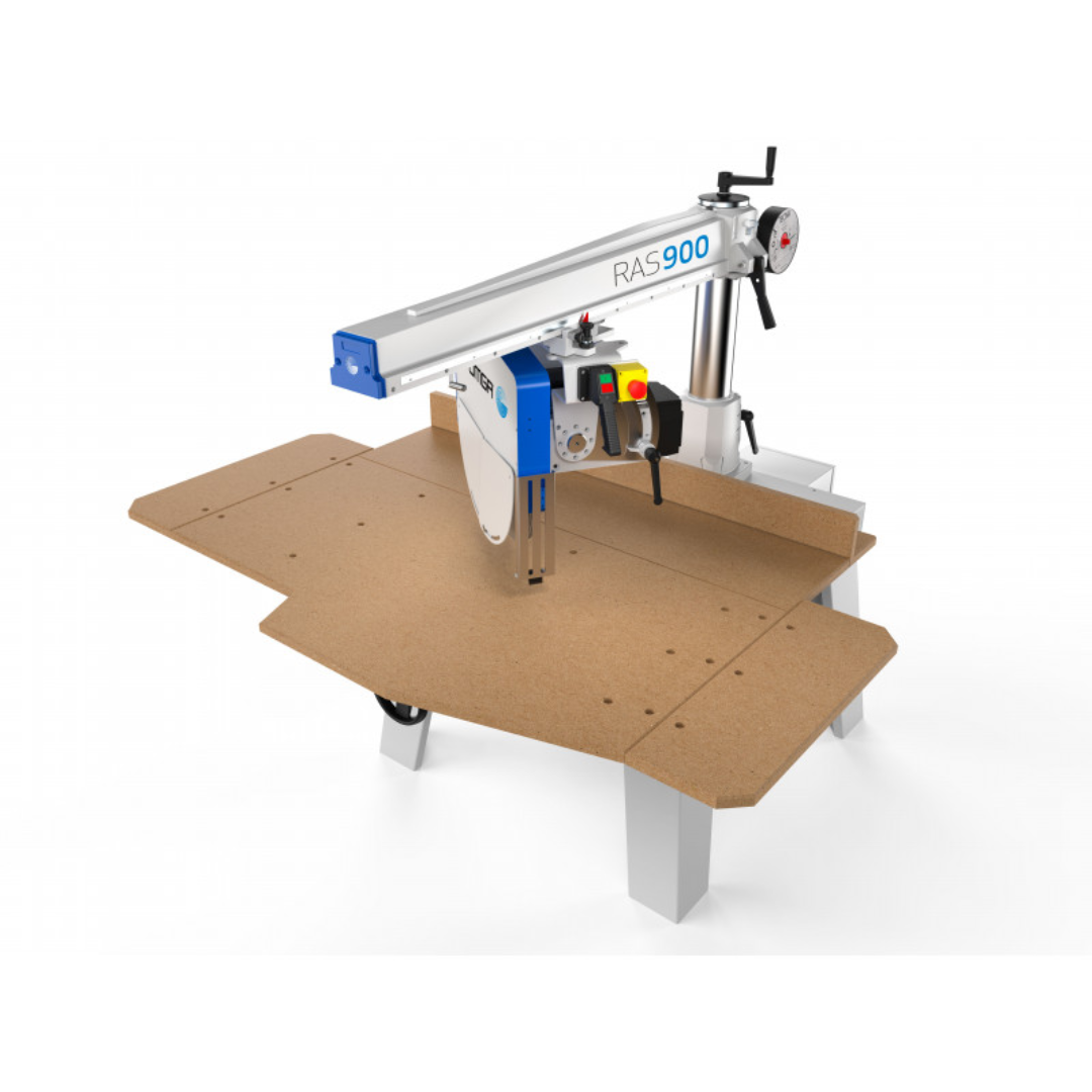 Angled operational view of OMGA RAS 900 18" Radial Arm Saw showing radial arm movement and precision cutting assembly.