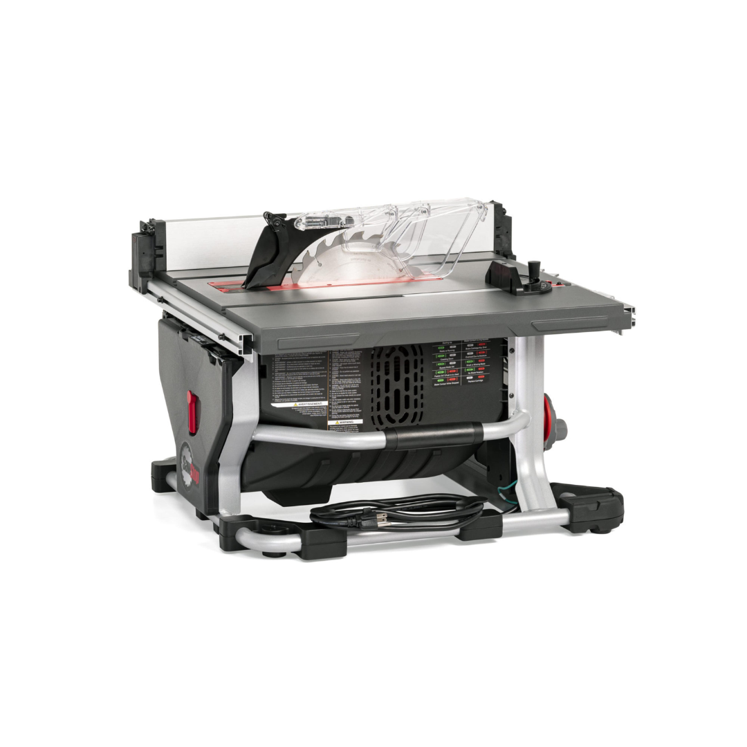 Angled product image of the SawStop Compact Table Saw featuring precision fence alignment and space-saving footprint.