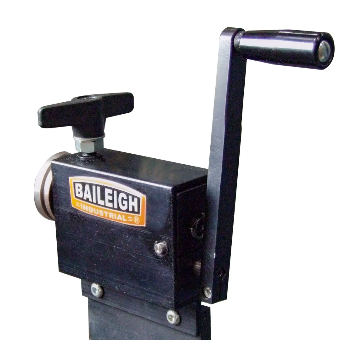 Angled side view of the Baileigh Bead Former BF-035 1000644 highlighting the manual crank handle, adjustable upper shaft, and rugged industrial construction for accurate sheet metal forming.