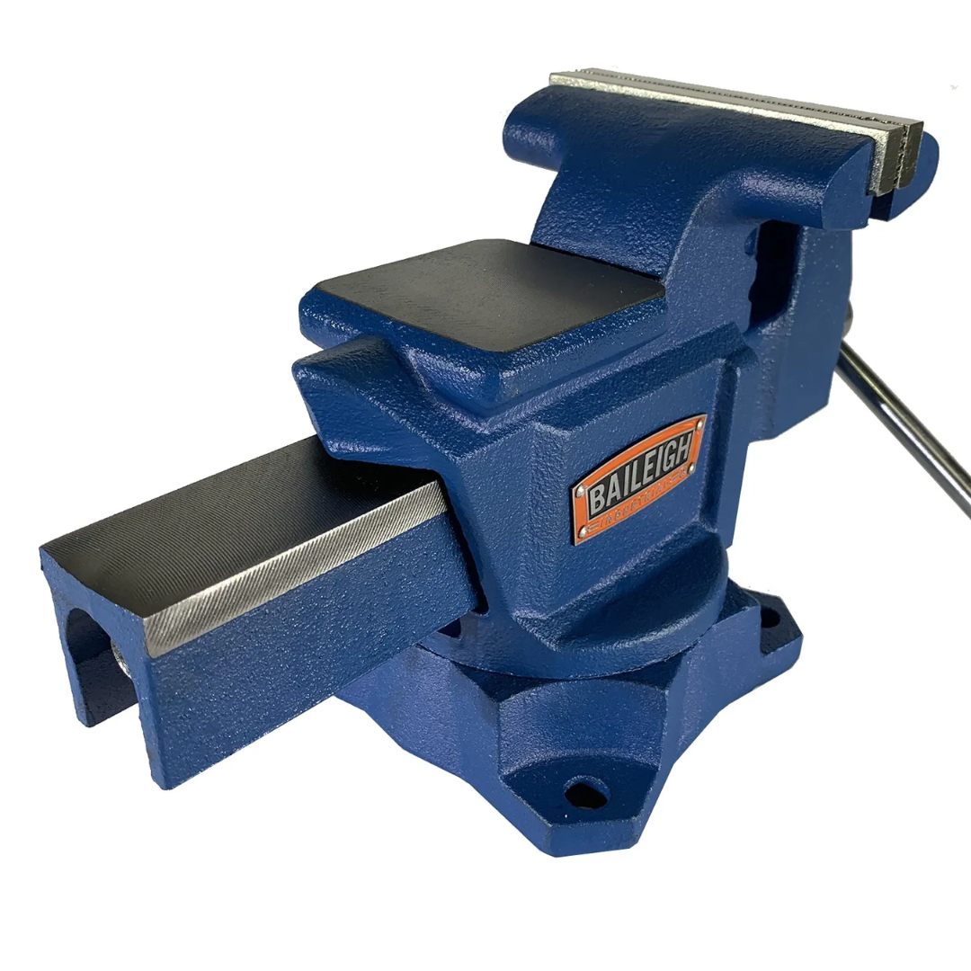 Angled view of Baileigh Bench Vise with 6-1/2-inch jaw width, 6-1/2 and 7-inch jaw opening capacity, showcasing durable cast iron body and precision-machined jaws for fabrication and maintenance work.