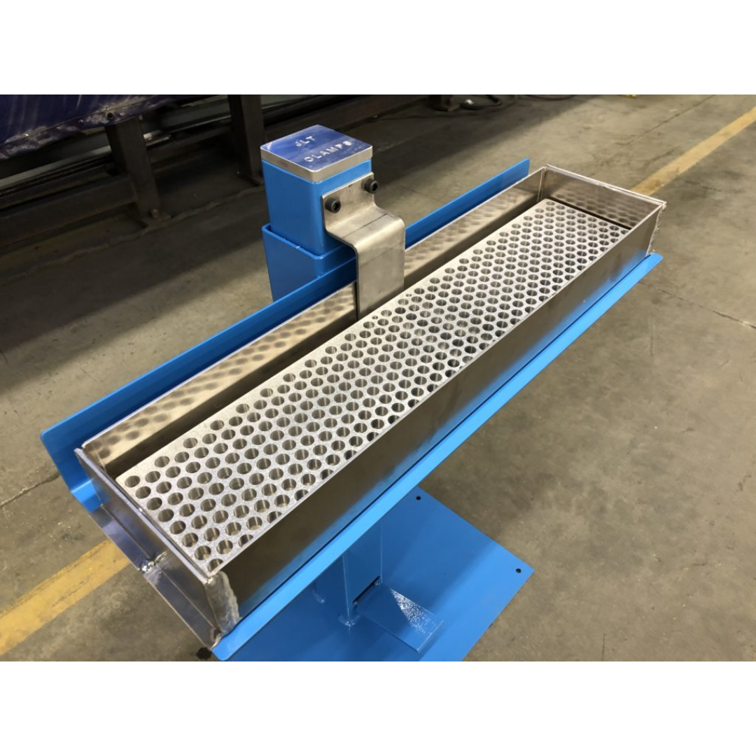 Angled view of JLT #150B Redi-Spreader Glue Applicator highlighting extended glue distribution head and durable steel construction for uniform adhesive spreading