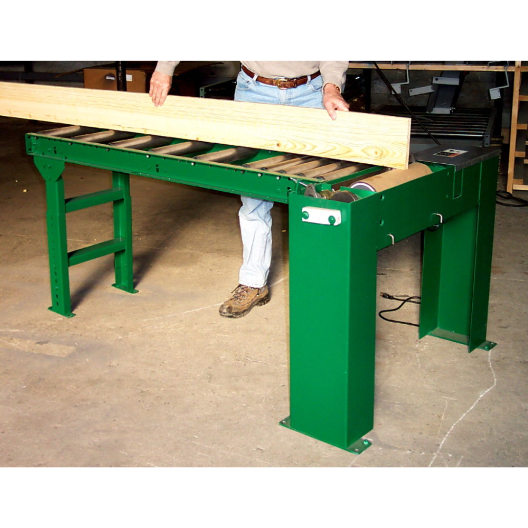 Angled view of JLT #171B Roller Spreader showing adjustable roller system and heavy-duty green steel frame construction