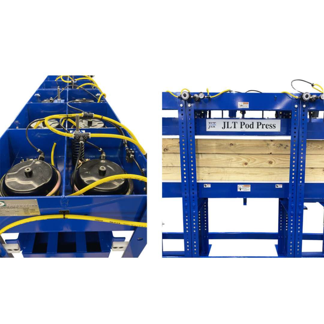 Angled view of JLT #78H Mini Pod Press showing multiple clamping sections and heavy-duty steel frame construction