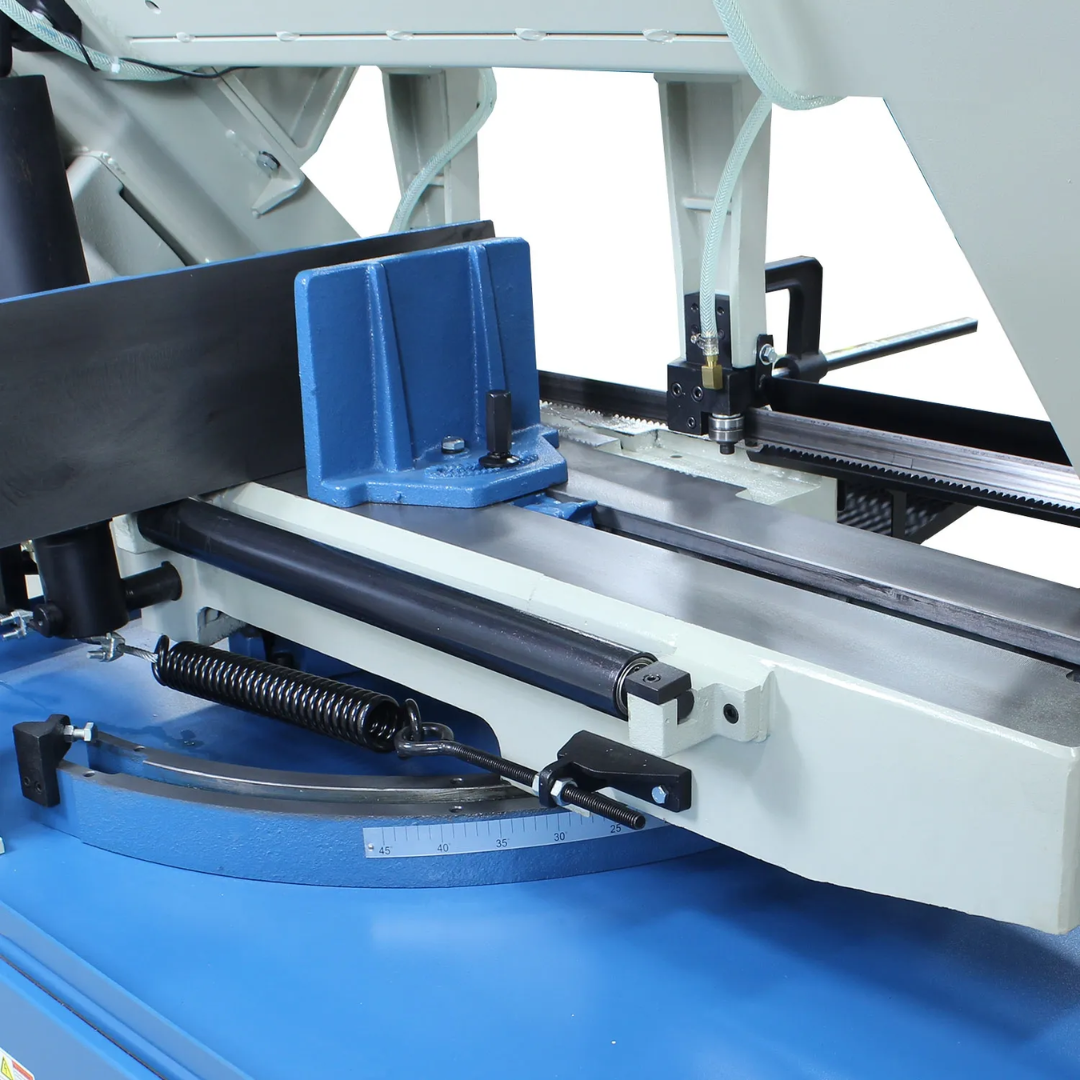 Angled view of the hydraulic vise and material clamping system on the Baileigh Metal Cutting Bandsaw - BS-330M 1001517, engineered for secure workpiece positioning during metal cutting operations.