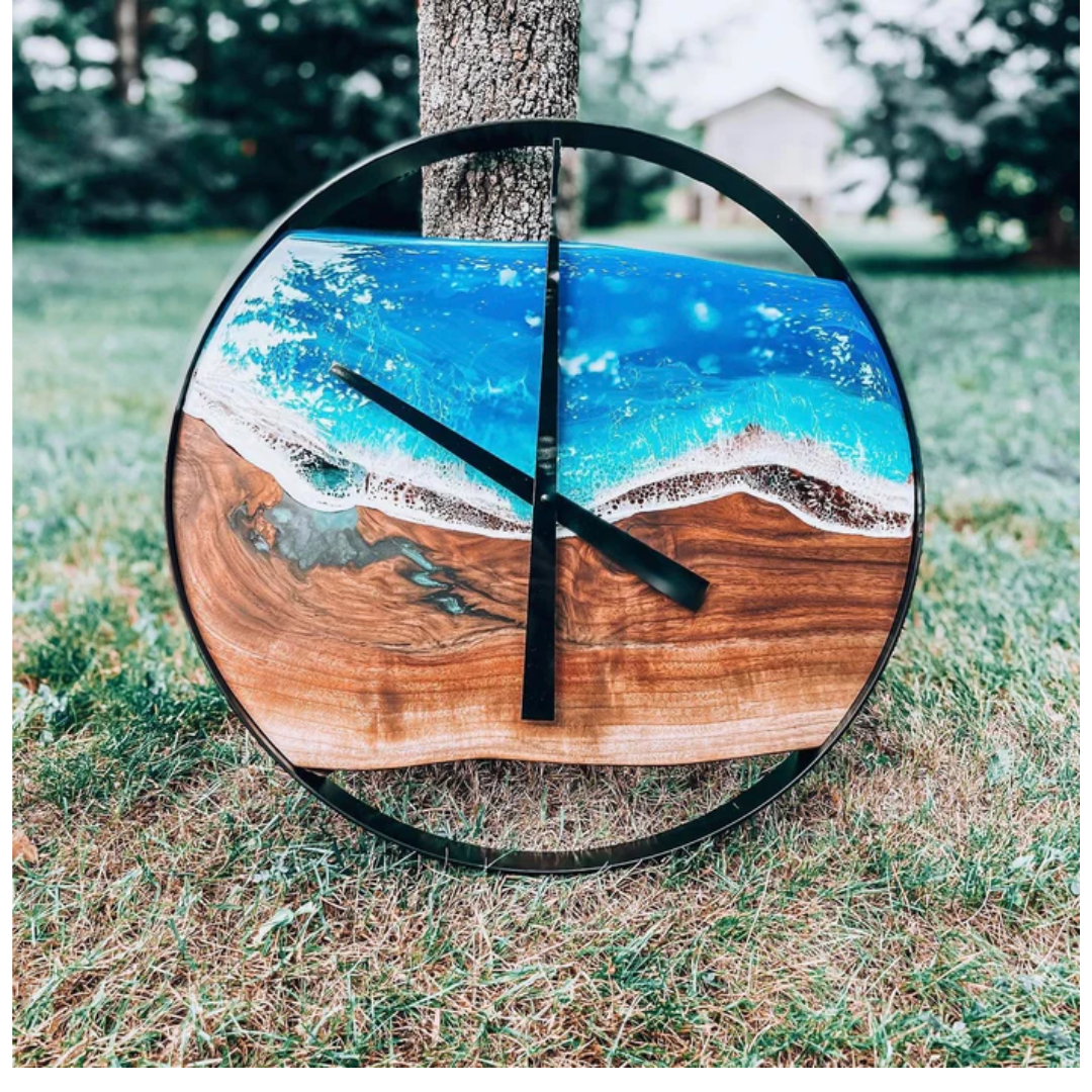 Artistic resin wall clock sealed with Ecopoxy UVPoxy Epoxy Coating for Woodworkers & Artists.