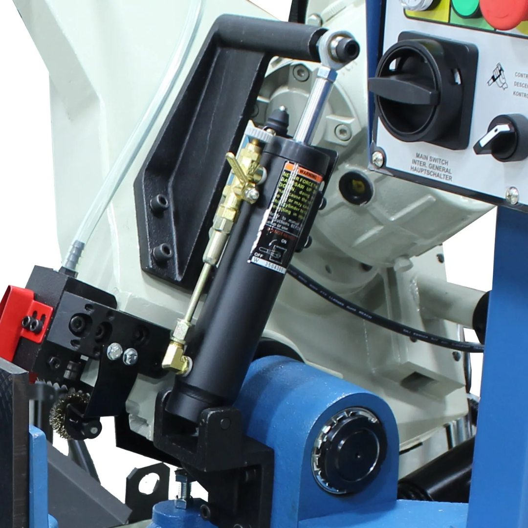 Baileigh 10.5-Inch Variable-Speed Dual-Mitering Bandsaw (BS-350M) 1001557 close-up of the saw head assembly and blade guide system for accurate cutting performance.