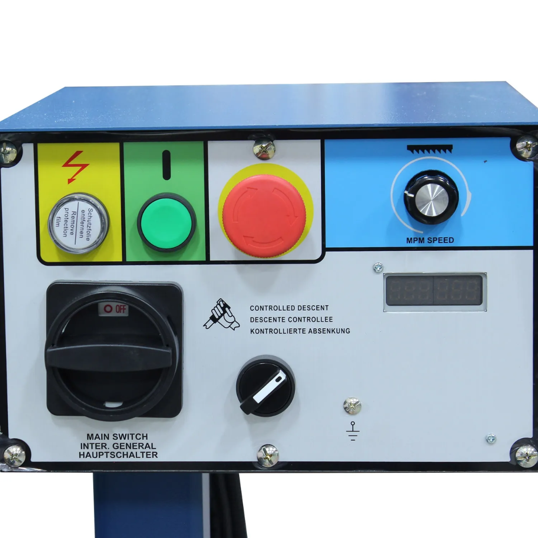 Baileigh 10.5-Inch Variable-Speed Dual-Mitering Bandsaw (BS-350M) 1001557 industrial control panel with safety and operating controls for efficient saw operation.