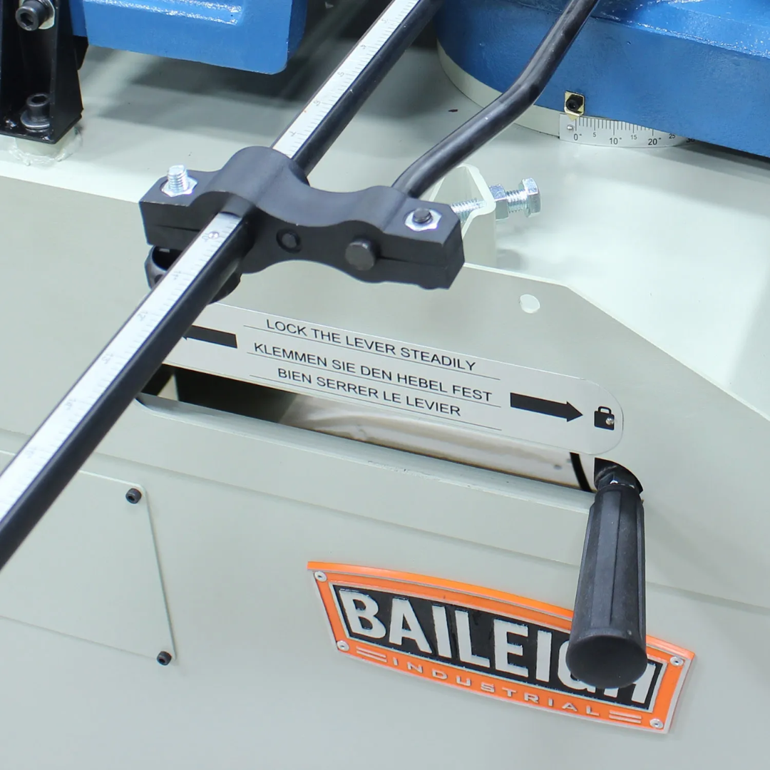 Baileigh 10.5-Inch Variable-Speed Dual-Mitering Bandsaw (BS-350M) 1001557 machine identification and scale markings used for setup and precision cutting adjustments.