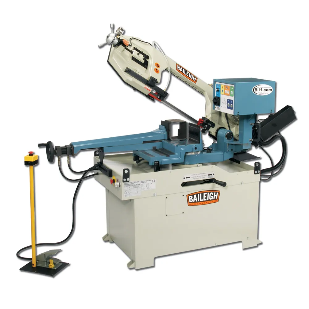Baileigh 10.63-Inch Semi-Automatic Dual-Mitering Bandsaw BS-350SA 1001570 industrial metal-cutting bandsaw featuring semi-automatic operation, dual-mitering capability, hydraulic feed control, heavy-duty cast frame, and precision cutting performance for fabrication and manufacturing applications.