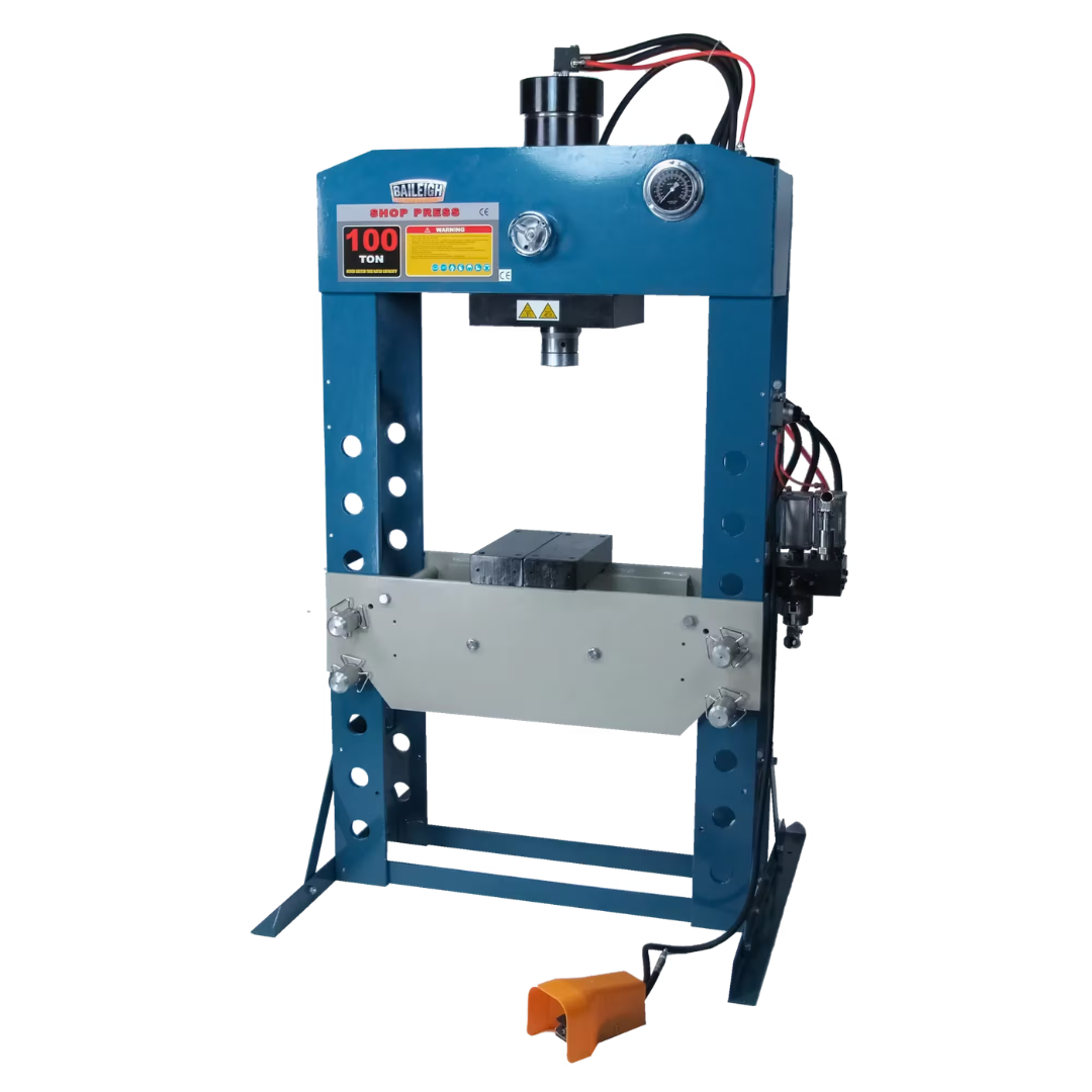 Baileigh 100-Ton Pneumatic H-Frame Shop Press (HSP-100A) 1004759 full front view showing heavy-duty steel frame, hydraulic press assembly, adjustable work table, and foot pedal operation.