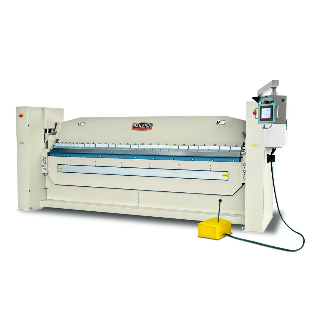 Baileigh 120-Inch Hydraulic Box & Pan Brake, 220V 3Ph (BB-12010H-NC) 1020999 industrial CNC hydraulic box and pan brake featuring a 120-inch bending capacity, segmented finger tooling, heavy-duty welded steel construction, and precision hydraulic sheet metal forming for high-production fabrication.