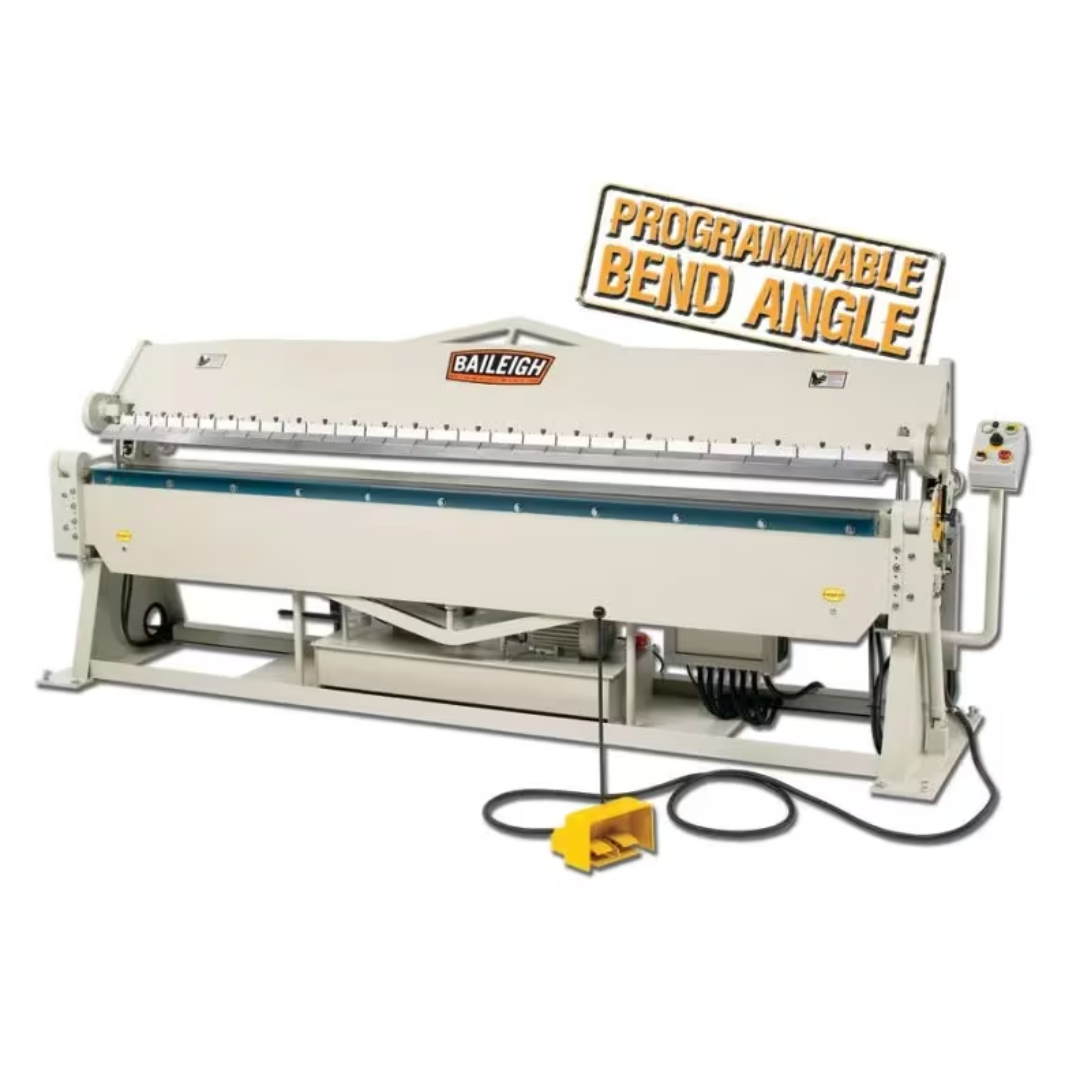 Baileigh 120-Inch Hydraulic Box & Pan Brake (BB-12014H) 1021000 industrial hydraulic box and pan brake featuring a 120-inch bending capacity, programmable bend angle control, segmented finger tooling, heavy-duty welded steel construction, and precision sheet metal forming for industrial fabrication.