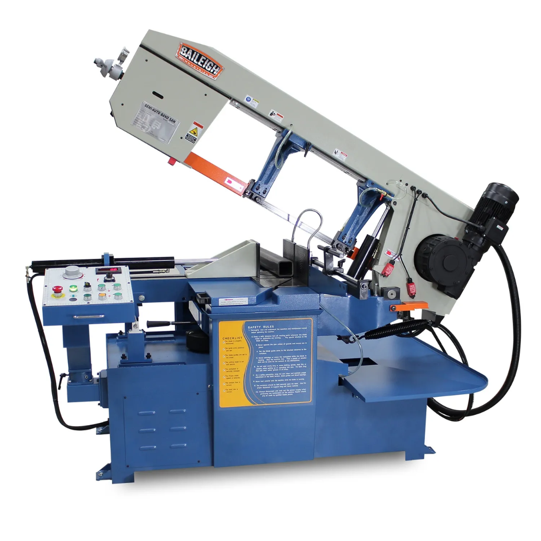 Baileigh 13-Inch Dual-Mitering Semi-Automatic Bandsaw (BS-20SA-DM) 1001298 shown in a full front view, featuring a heavy-duty semi-automatic hydraulic saw head, dual-mitering capability, industrial control panel, and rigid steel frame for precision metal cutting.