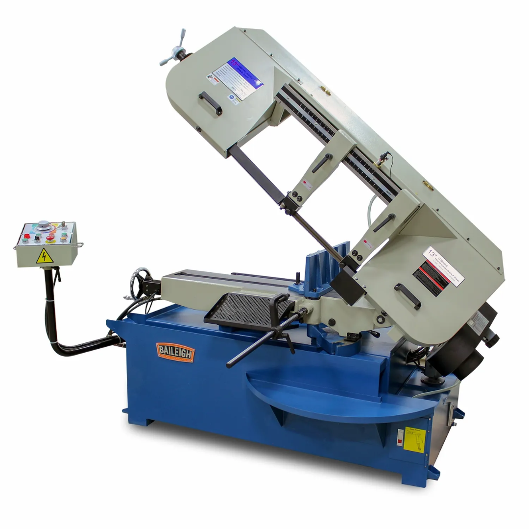 Baileigh 13-Inch Semi-Automatic Horizontal Bandsaw (BS-330SA) 1001521 heavy-duty semi-automatic horizontal bandsaw with a 13-inch cutting capacity, hydraulic operation, swivel head design, and precision metal cutting for fabrication and manufacturing.