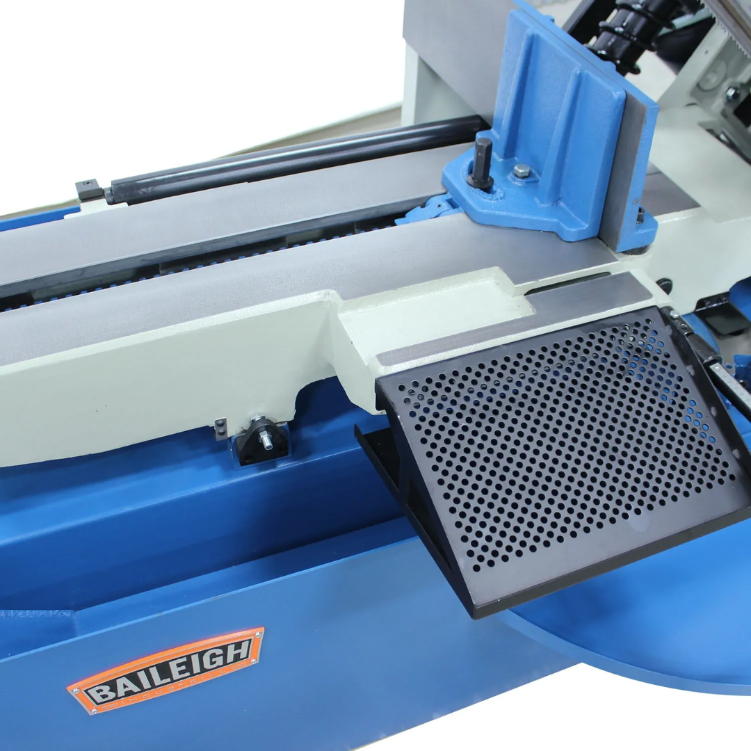 Baileigh 13-Inch Semi-Automatic Horizontal Bandsaw (BS-330SA) 1001521 hydraulic foot pedal control enabling convenient semi-automatic operation and efficient workflow.
