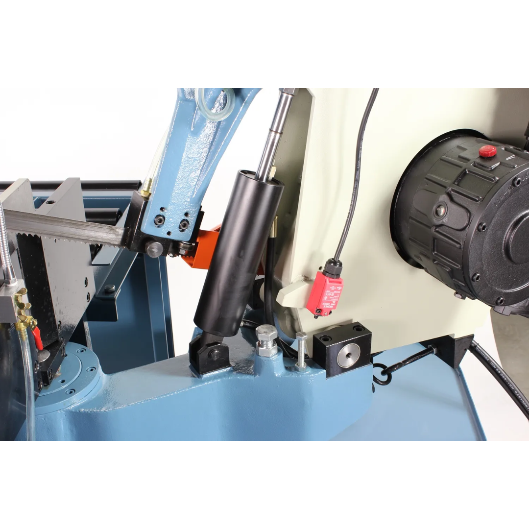 Baileigh 13-Inch Variable-Speed Dual-Mitering Bandsaw (BS-20M-DM) 1001292 blade guide and vise assembly delivering stable, high-precision metal cutting.