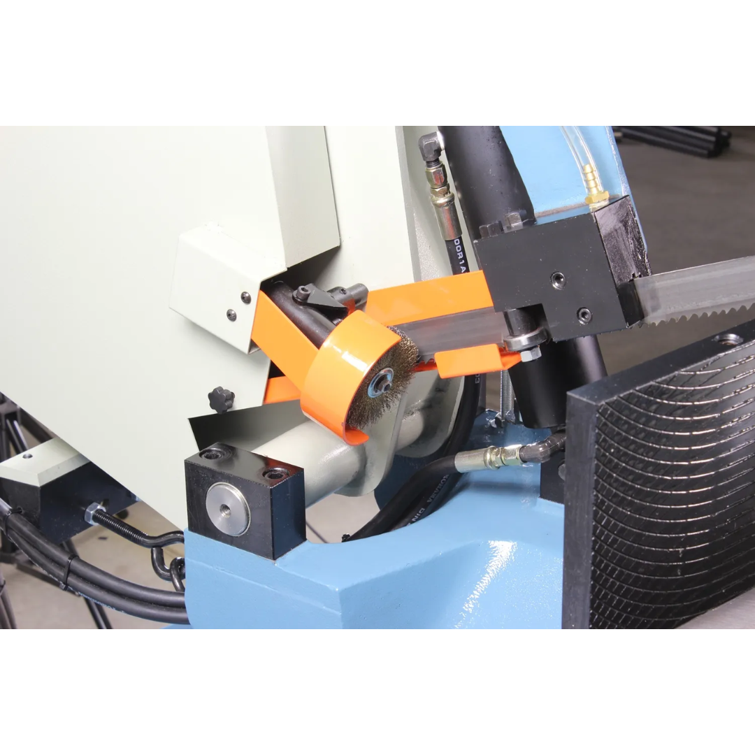 Baileigh 13-Inch Variable-Speed Dual-Mitering Bandsaw (BS-20M-DM) 1001292 close-up of the precision blade guide assembly for accurate metal cutting performance.