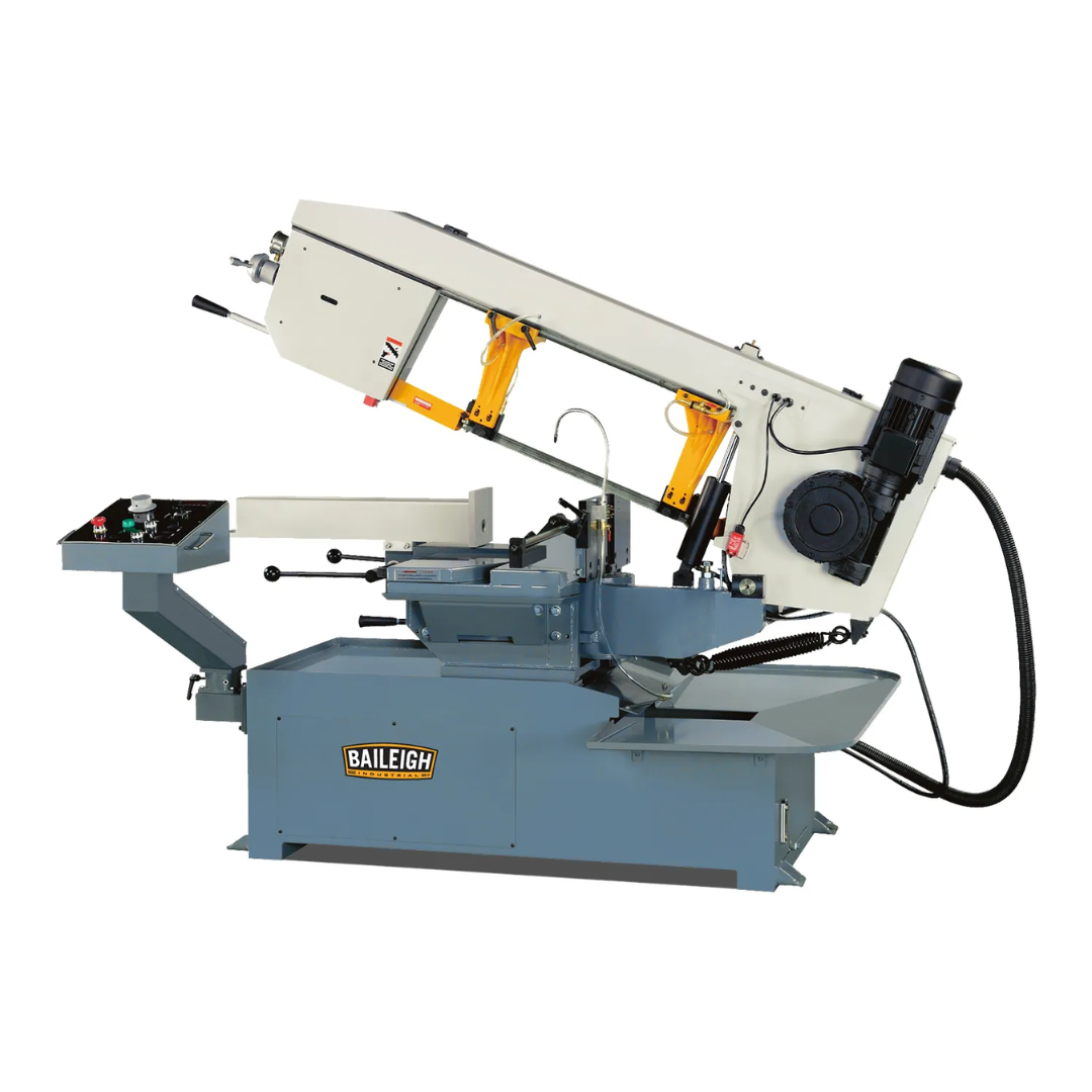Baileigh 13-Inch Variable-Speed Dual-Mitering Bandsaw (BS-20M-DM) 1001292 front view showing the industrial horizontal metal cutting bandsaw with heavy-duty base and dual-mitering capability.