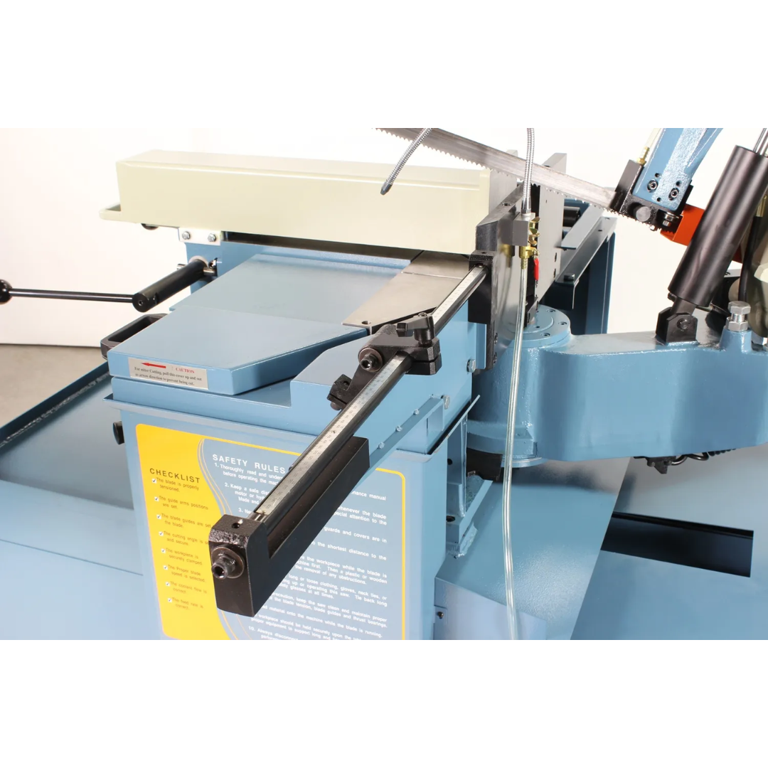 Baileigh 13-Inch Variable-Speed Dual-Mitering Bandsaw (BS-20M-DM) 1001292 rear angle view highlighting the dual-mitering saw frame and industrial construction.