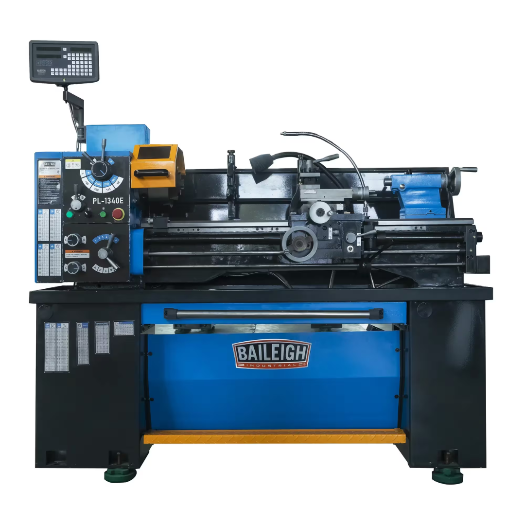 Baileigh 13" x 40" Gear Head Engine Lathe (PL-1340E-1) BA1-11223 industrial gear head engine lathe with precision chuck, digital readout, gearbox controls, and heavy-duty cast iron bed for professional metalworking.