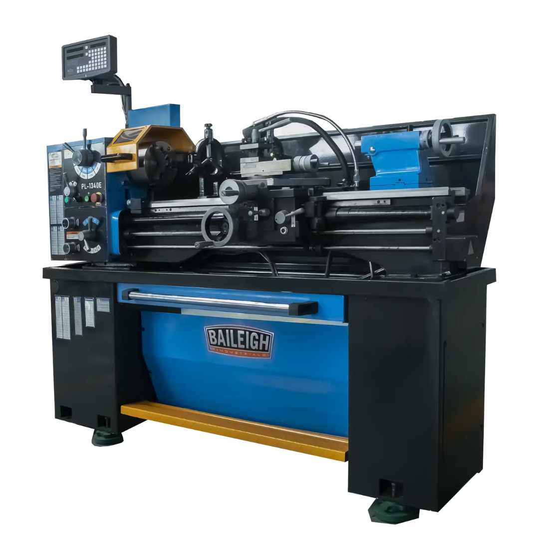 Baileigh 13" x 40" Gear Head Engine Lathe (PL-1340E-1) BA1-11223 side perspective highlighting the gear head, precision carriage, and industrial cast iron construction.
