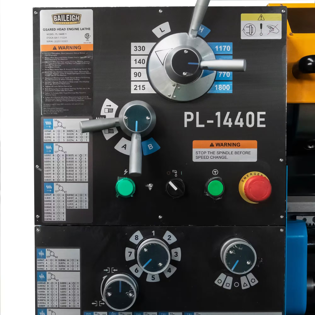 Baileigh 14" x 40" Gear Head Metal Lathe (PL-1440E-1) BA1-11224 close-up of the gear head control panel with spindle speed selectors and machine operating controls.