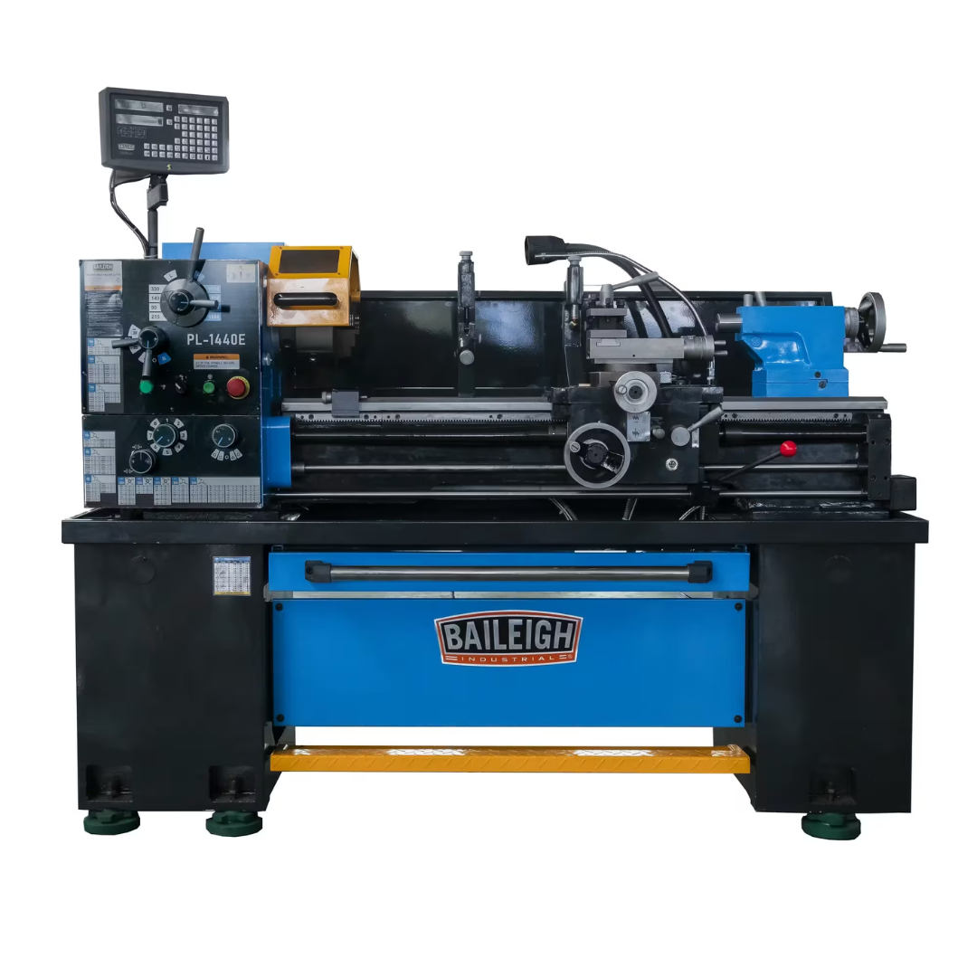 Baileigh 14" x 40" Gear Head Metal Lathe (PL-1440E-1) BA1-11224 industrial gear head metal lathe with precision chuck, digital readout, heavy-duty cast iron bed, and professional turning controls for precision machining.