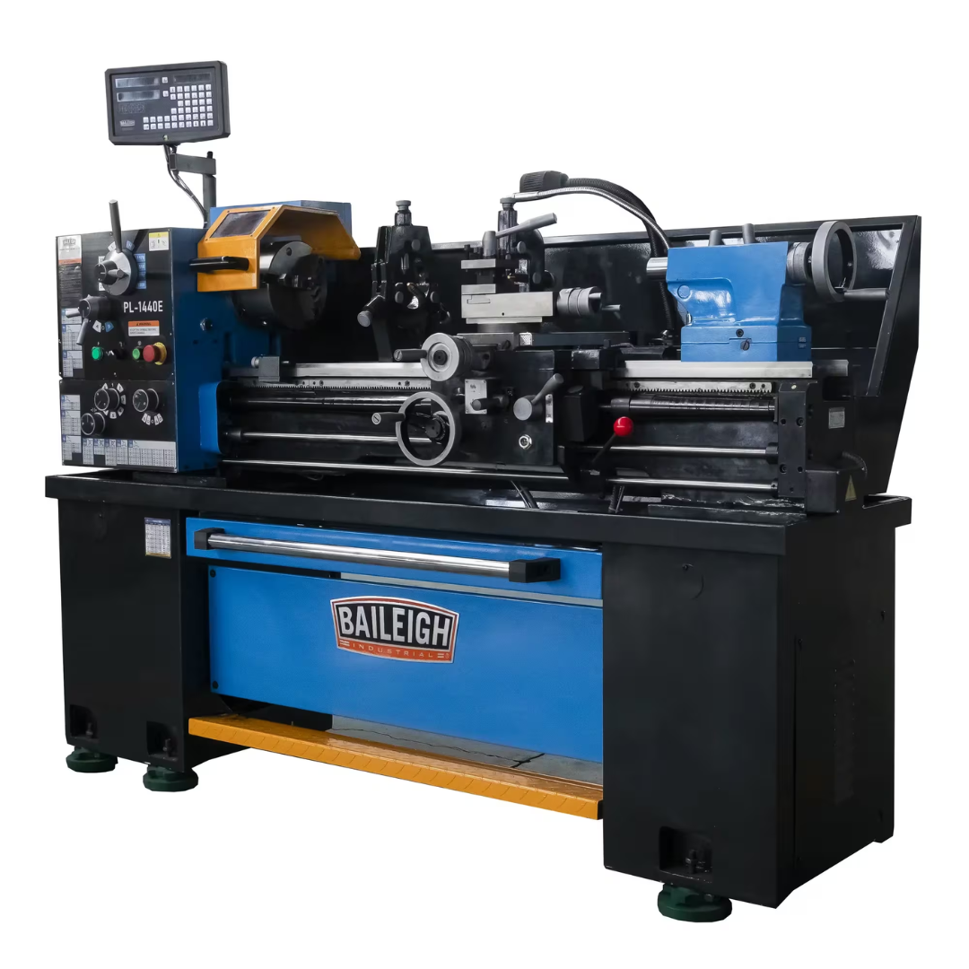 Baileigh 14" x 40" Gear Head Metal Lathe (PL-1440E-1) BA1-11224 side perspective showing the heavy-duty cast iron construction, spindle assembly, and industrial lathe bed.